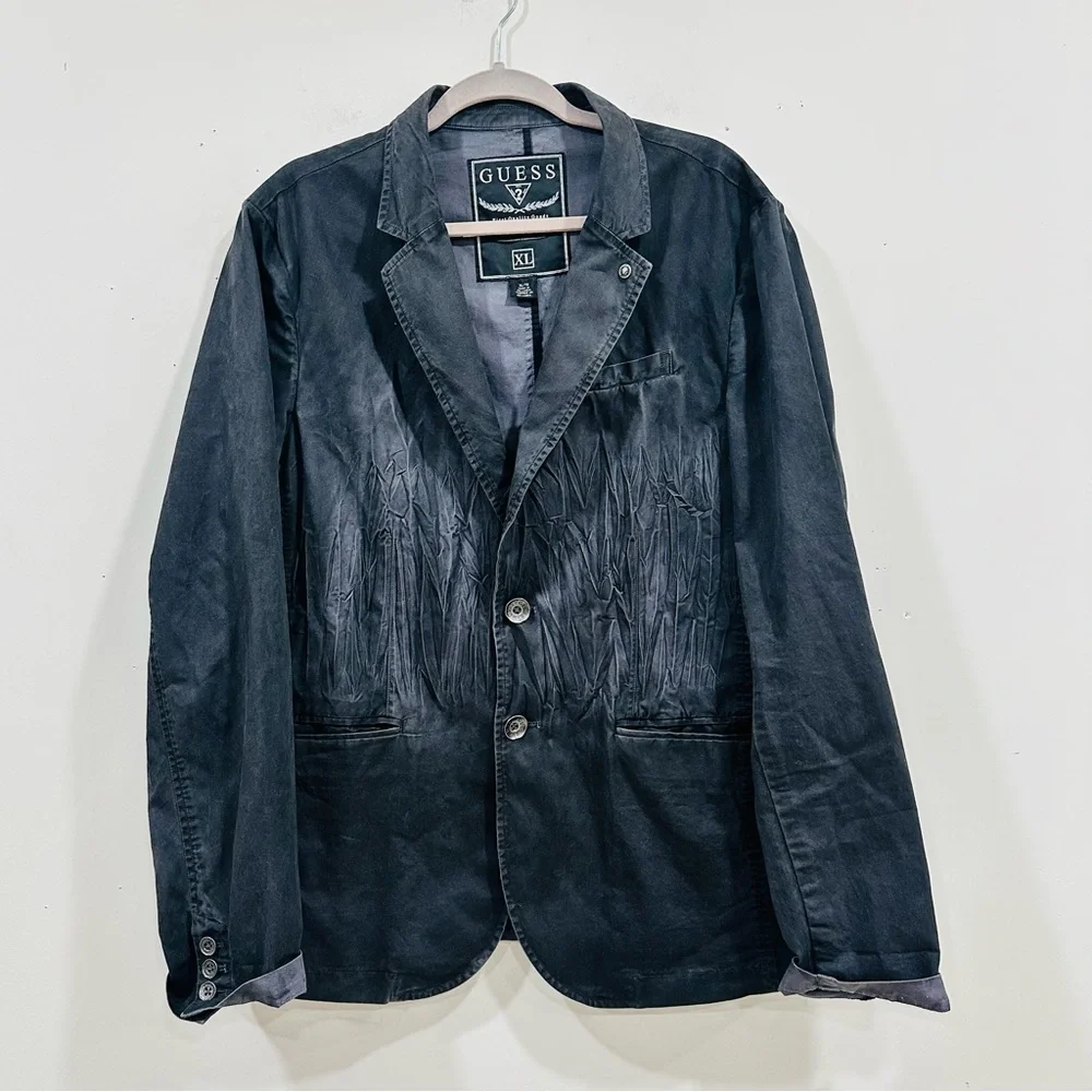 Vintage GUESS Men's Cotton Blazer Jacket XL Black‎ Distressed Crinkle Y2K Grunge
